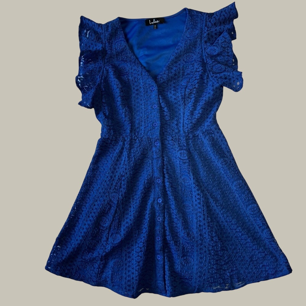 Lulus Royal Blue Lace Ruffle Sleeve Button Front Dress Size Medium